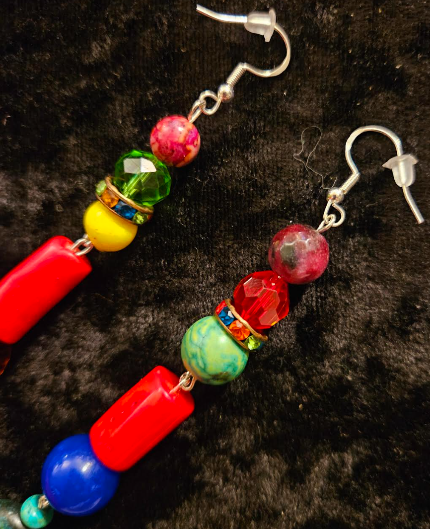 Bold Chunky & Colorful Beaded Shoulder Duster Pierced Earrings - Blue Red and Green Super Long Ear Candy - Kat Kouture Jewelry