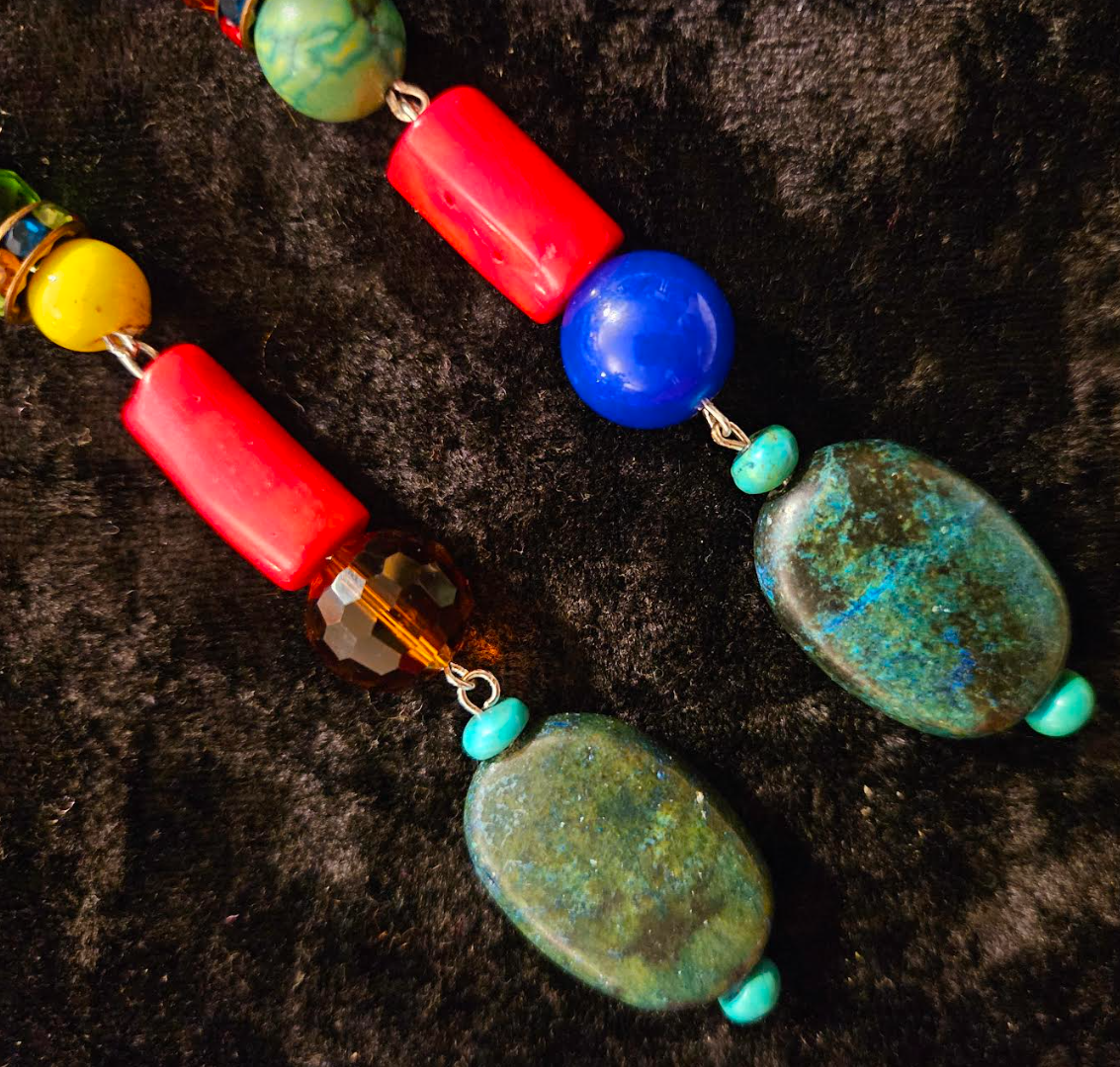 Bold Chunky & Colorful Beaded Shoulder Duster Pierced Earrings - Blue Red and Green Super Long Ear Candy - Kat Kouture Jewelry