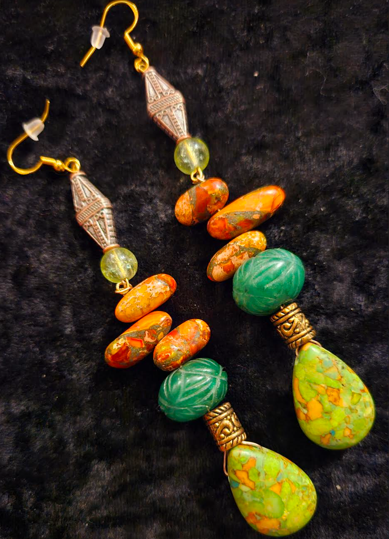 Orange and Green Long Gemstone Dangle Pierced Earrings - Emerald Turquoise and Jasper Shoulder Dusters - Summer Ear Candy - Kat Kouture Jewelry