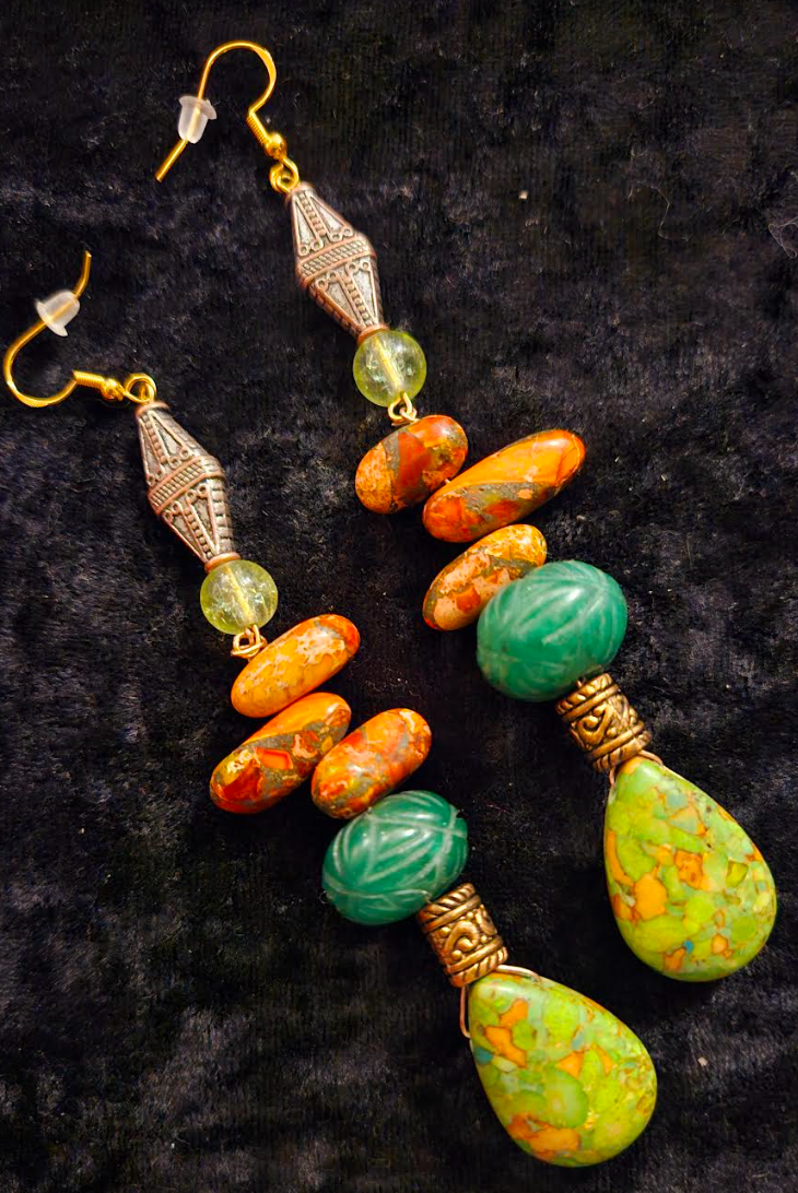 Orange and Green Long Gemstone Dangle Pierced Earrings - Emerald Turquoise and Jasper Shoulder Dusters - Summer Ear Candy - Kat Kouture Jewelry