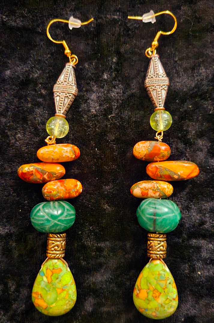 Orange and Green Long Gemstone Dangle Pierced Earrings - Emerald Turquoise and Jasper Shoulder Dusters - Summer Ear Candy - Kat Kouture Jewelry