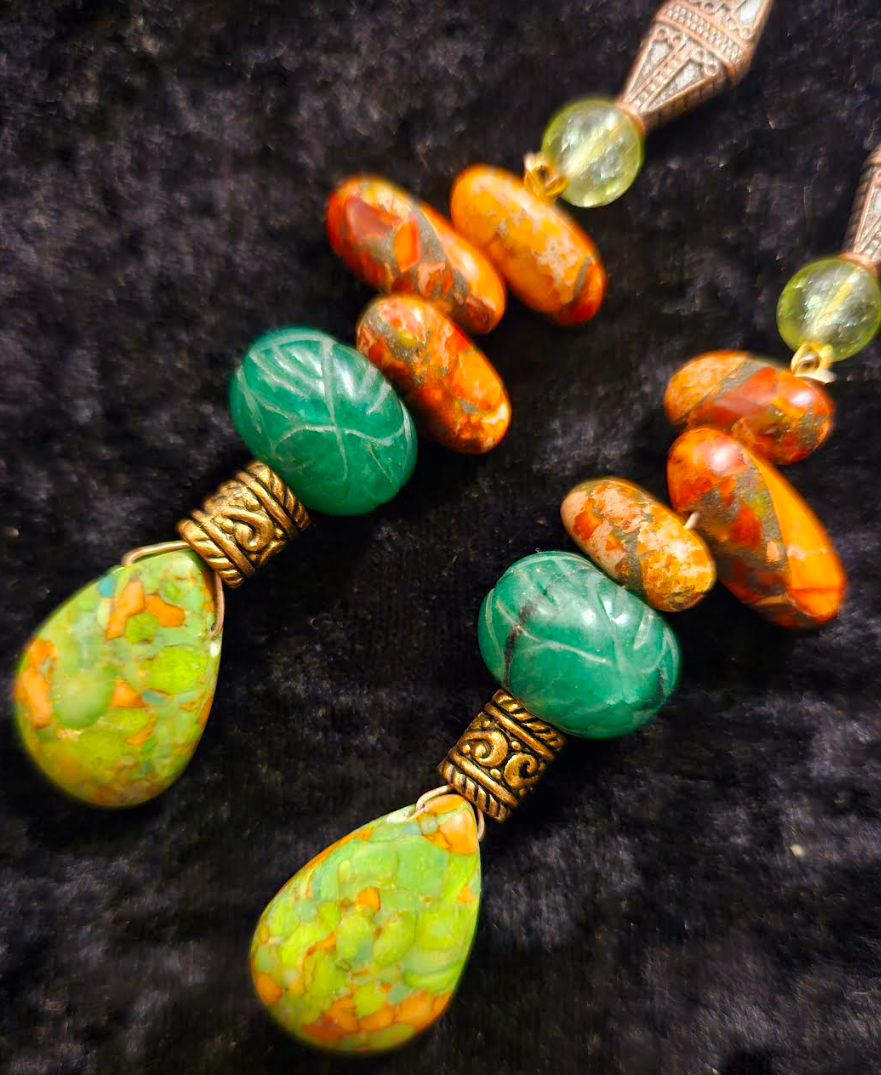 Orange and Green Long Gemstone Dangle Pierced Earrings - Emerald Turquoise and Jasper Shoulder Dusters - Summer Ear Candy - Kat Kouture Jewelry