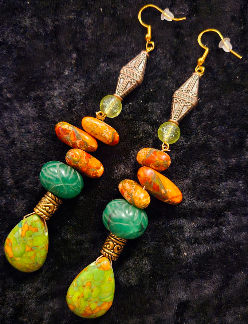 Orange and Green Long Gemstone Dangle Pierced Earrings - Emerald Turquoise and Jasper Shoulder Dusters - Summer Ear Candy - Kat Kouture Jewelry