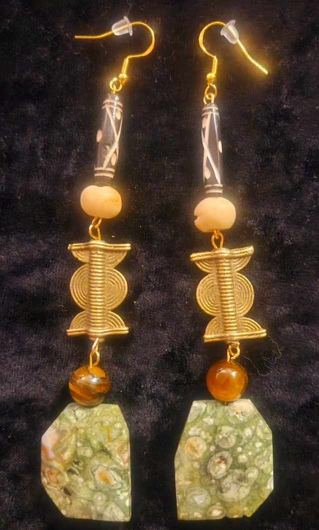 Rhyolite Jasper & Mixed Media Ethnic Shoulder Dusters - Earthy Rhyolite Jasper Brass and Bone Long Tribal Pierced Earrings - Kat Kouture Jewelry