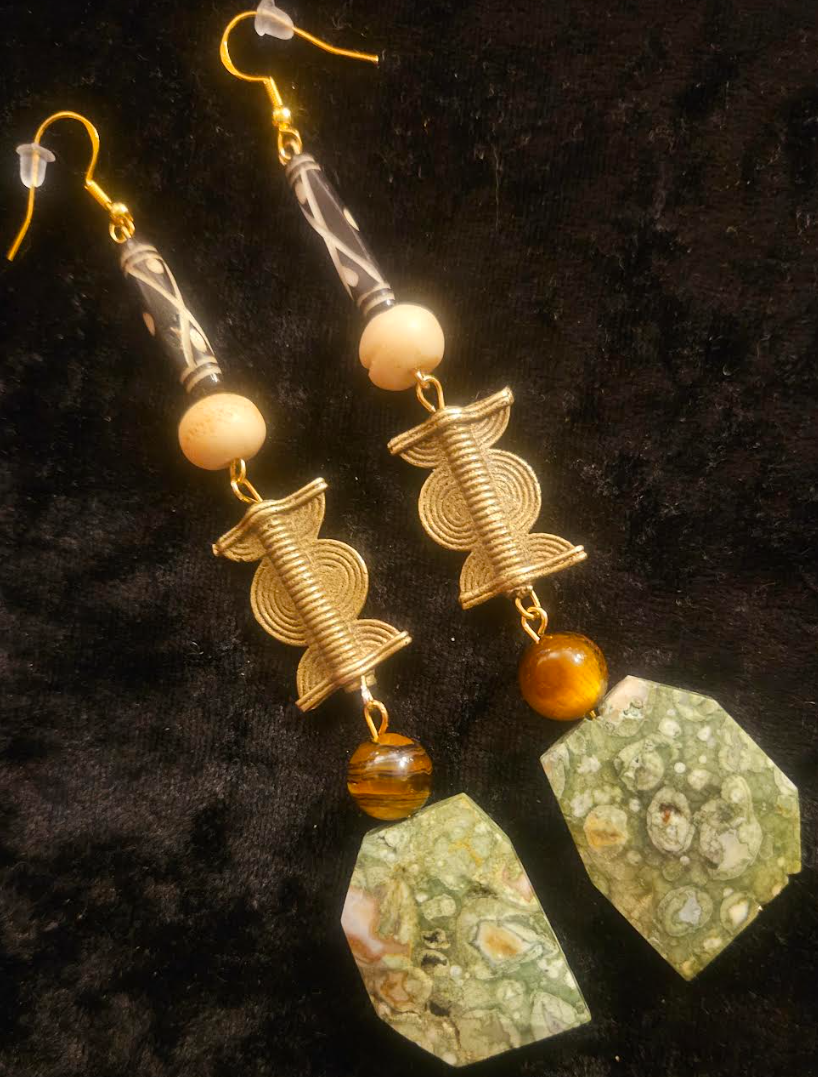 Rhyolite Jasper & Mixed Media Ethnic Shoulder Dusters - Earthy Rhyolite Jasper Brass and Bone Long Tribal Pierced Earrings - Kat Kouture Jewelry