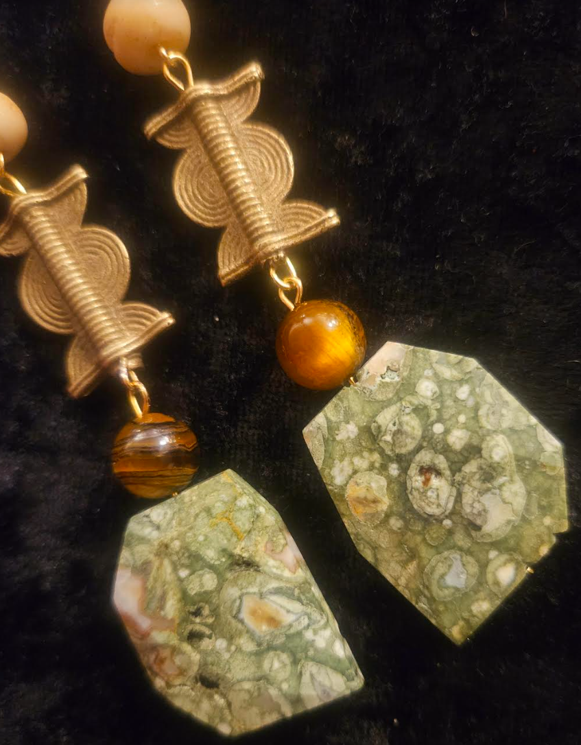 Rhyolite Jasper & Mixed Media Ethnic Shoulder Dusters - Earthy Rhyolite Jasper Brass and Bone Long Tribal Pierced Earrings - Kat Kouture Jewelry