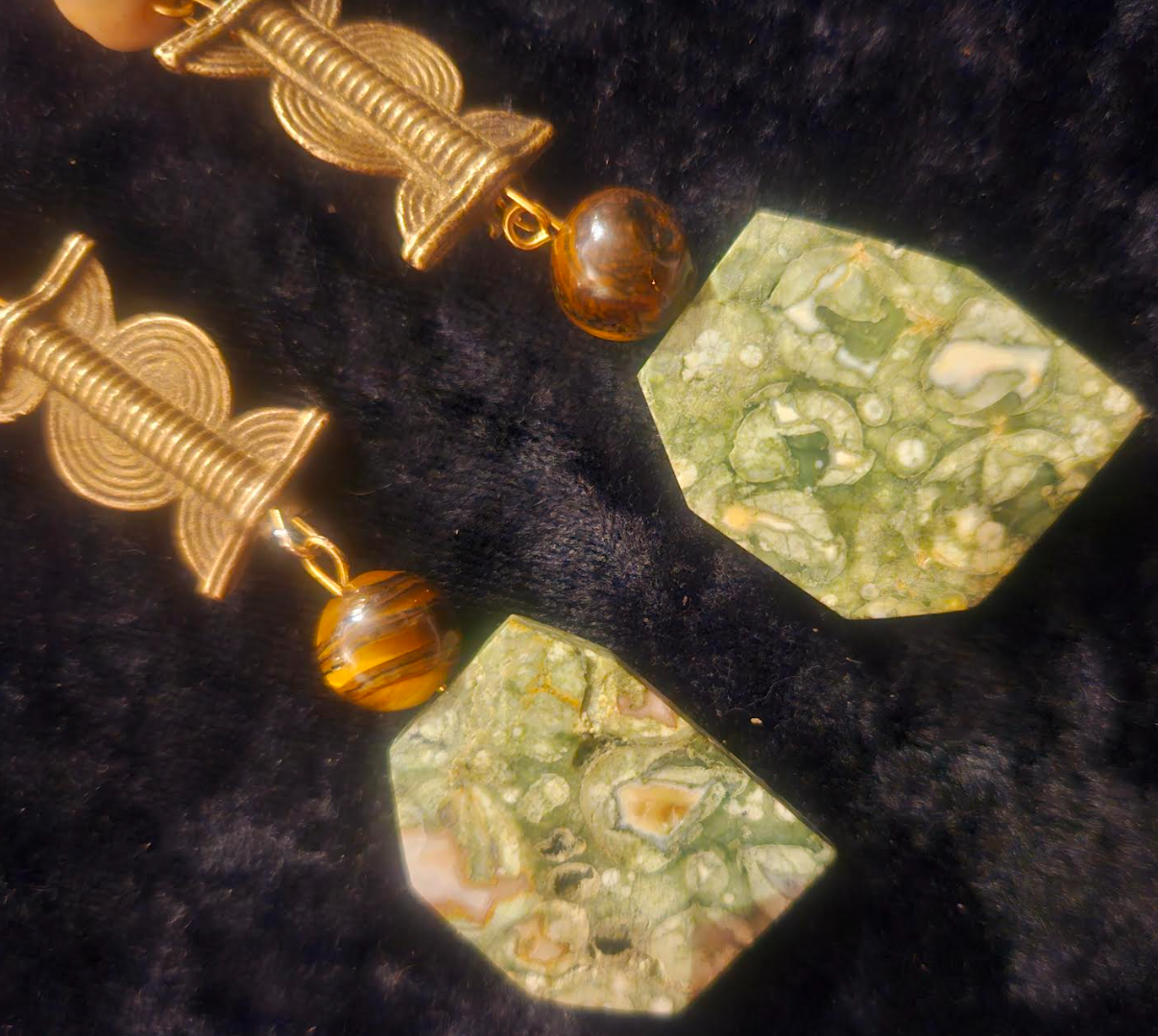 Rhyolite Jasper & Mixed Media Ethnic Shoulder Dusters - Earthy Rhyolite Jasper Brass and Bone Long Tribal Pierced Earrings - Kat Kouture Jewelry