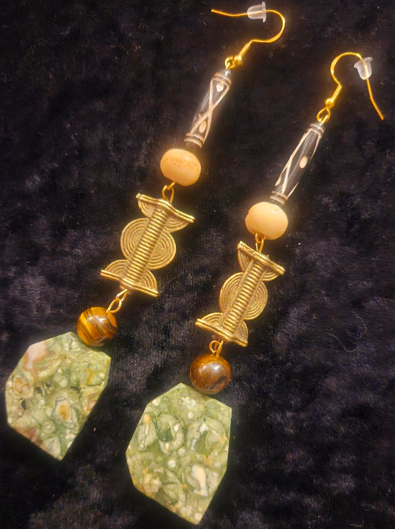 Rhyolite Jasper & Mixed Media Ethnic Shoulder Dusters - Earthy Rhyolite Jasper Brass and Bone Long Tribal Pierced Earrings - Kat Kouture Jewelry