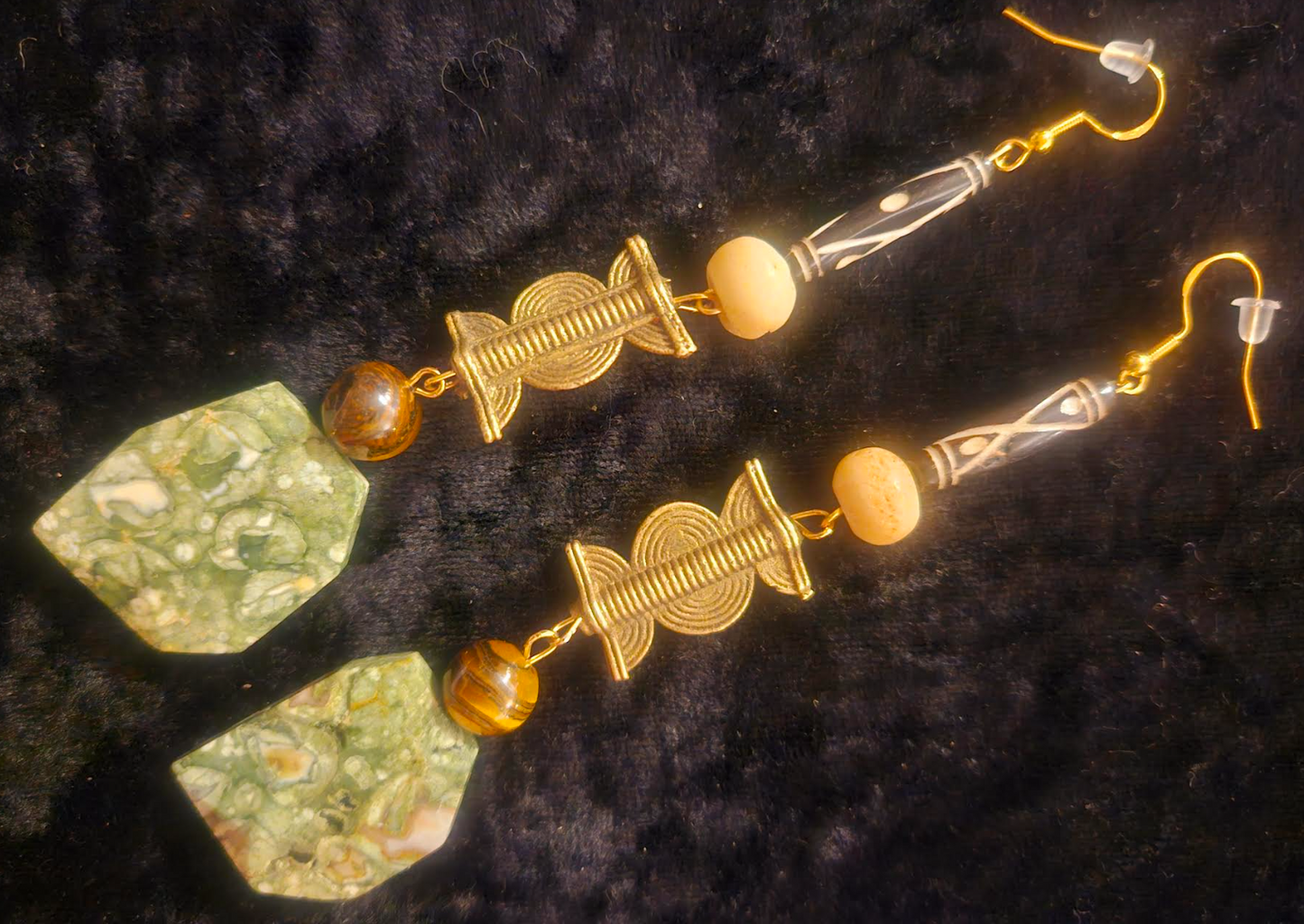 Rhyolite Jasper & Mixed Media Ethnic Shoulder Dusters - Earthy Rhyolite Jasper Brass and Bone Long Tribal Pierced Earrings - Kat Kouture Jewelry