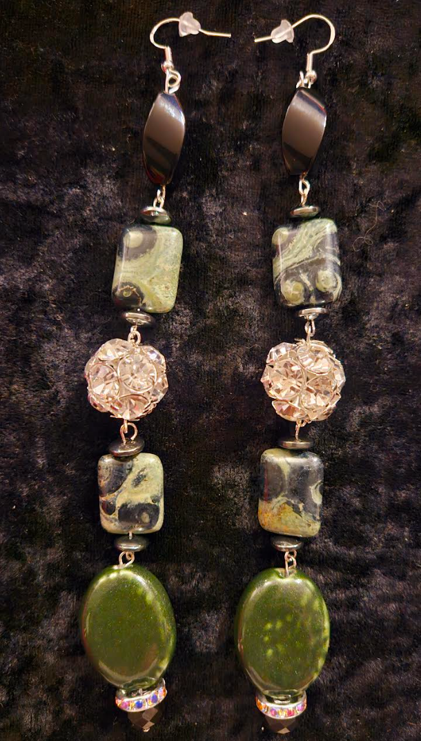 Kambaba Jasper & Rhinestone Ball Super Long Pierced Earrings - Crocodile Eyes Gemstone Dangle Ear Candy - Exotic and Wild Olive Silver and Black Shoulder Dusters - Kat Kouture Jewelry