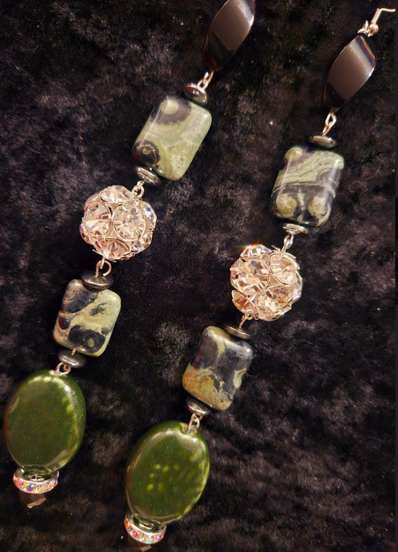 Kambaba Jasper & Rhinestone Ball Super Long Pierced Earrings - Crocodile Eyes Gemstone Dangle Ear Candy - Exotic and Wild Olive Silver and Black Shoulder Dusters - Kat Kouture Jewelry