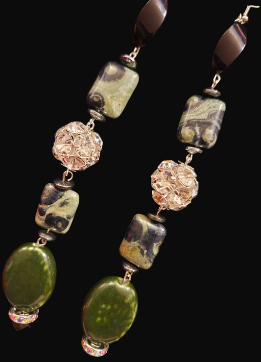 Kambaba Jasper & Rhinestone Ball Super Long Pierced Statement Earrings