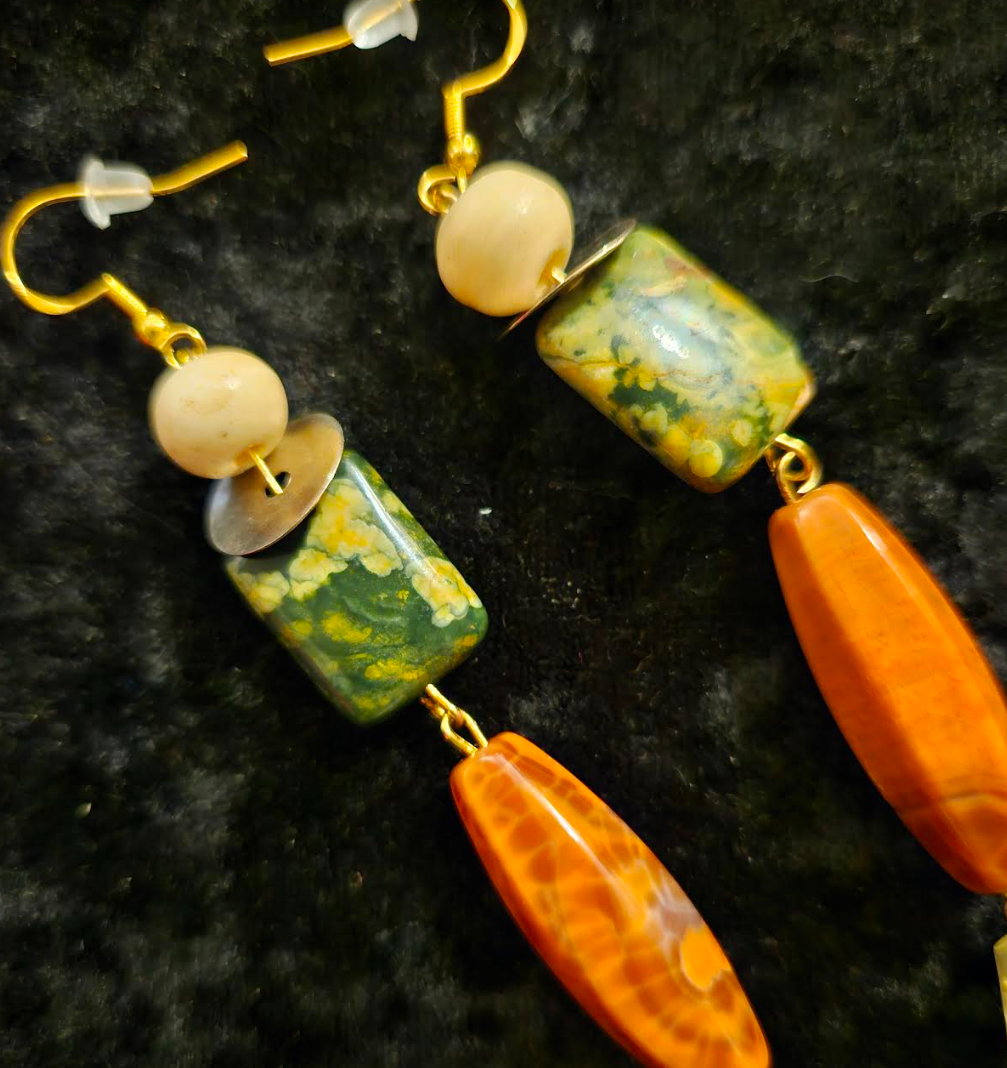 Autumn Gemstone Shoulder Duster Earrings - Long Orange Yellow & Green Pierced Ear Candy - Jewelry for Women of Color - Kat Kouture Jewelry