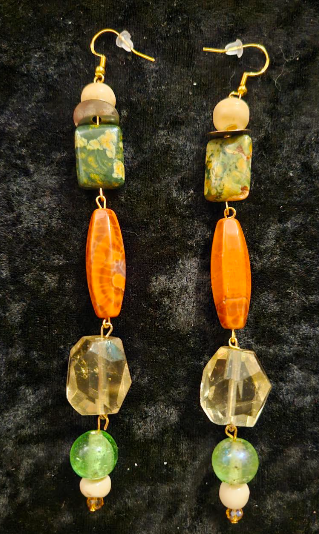 Autumn Gemstone Shoulder Duster Earrings - Long Orange Yellow & Green Pierced Ear Candy - Jewelry for Women of Color - Kat Kouture Jewelry