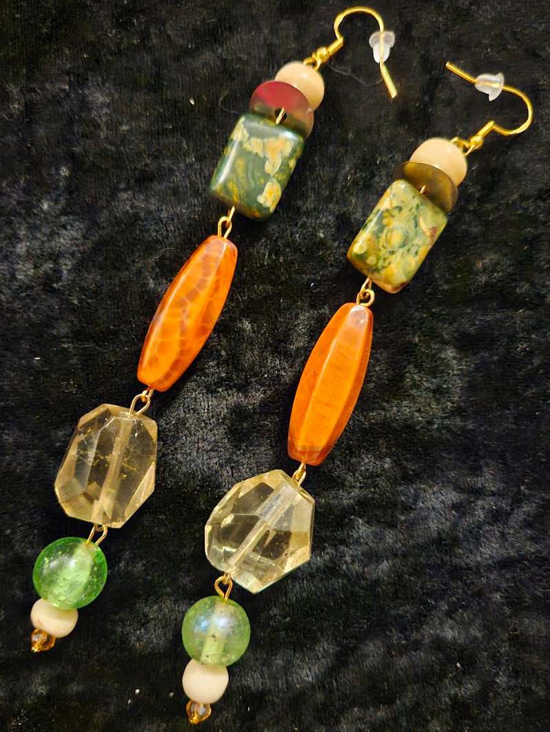 Autumn Gemstone Shoulder Duster Earrings - Long Orange Yellow & Green Pierced Ear Candy - Jewelry for Women of Color - Kat Kouture Jewelry