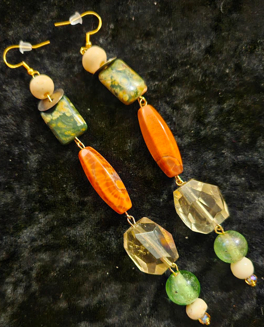 Autumn Gemstone Shoulder Duster Earrings - Long Orange Yellow & Green Pierced Ear Candy - Jewelry for Women of Color - Kat Kouture Jewelry