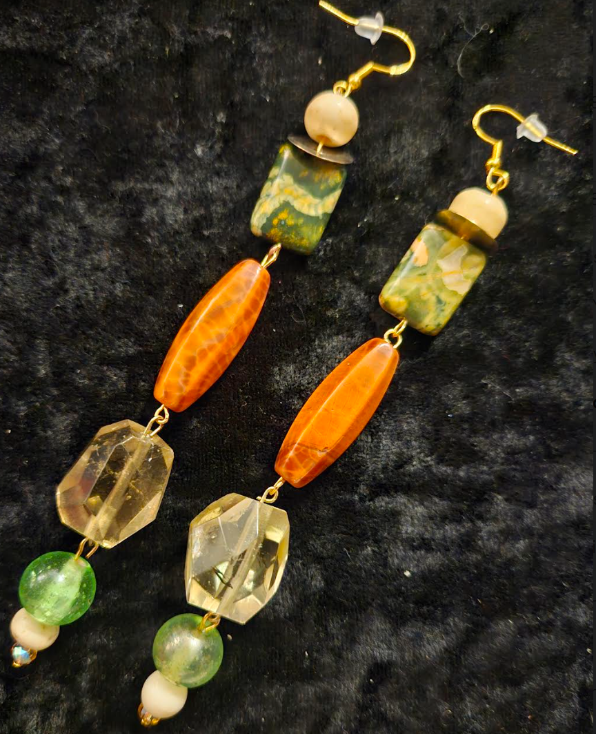 Autumn Gemstone Shoulder Duster Earrings - Long Orange Yellow & Green Pierced Ear Candy - Jewelry for Women of Color - Kat Kouture Jewelry