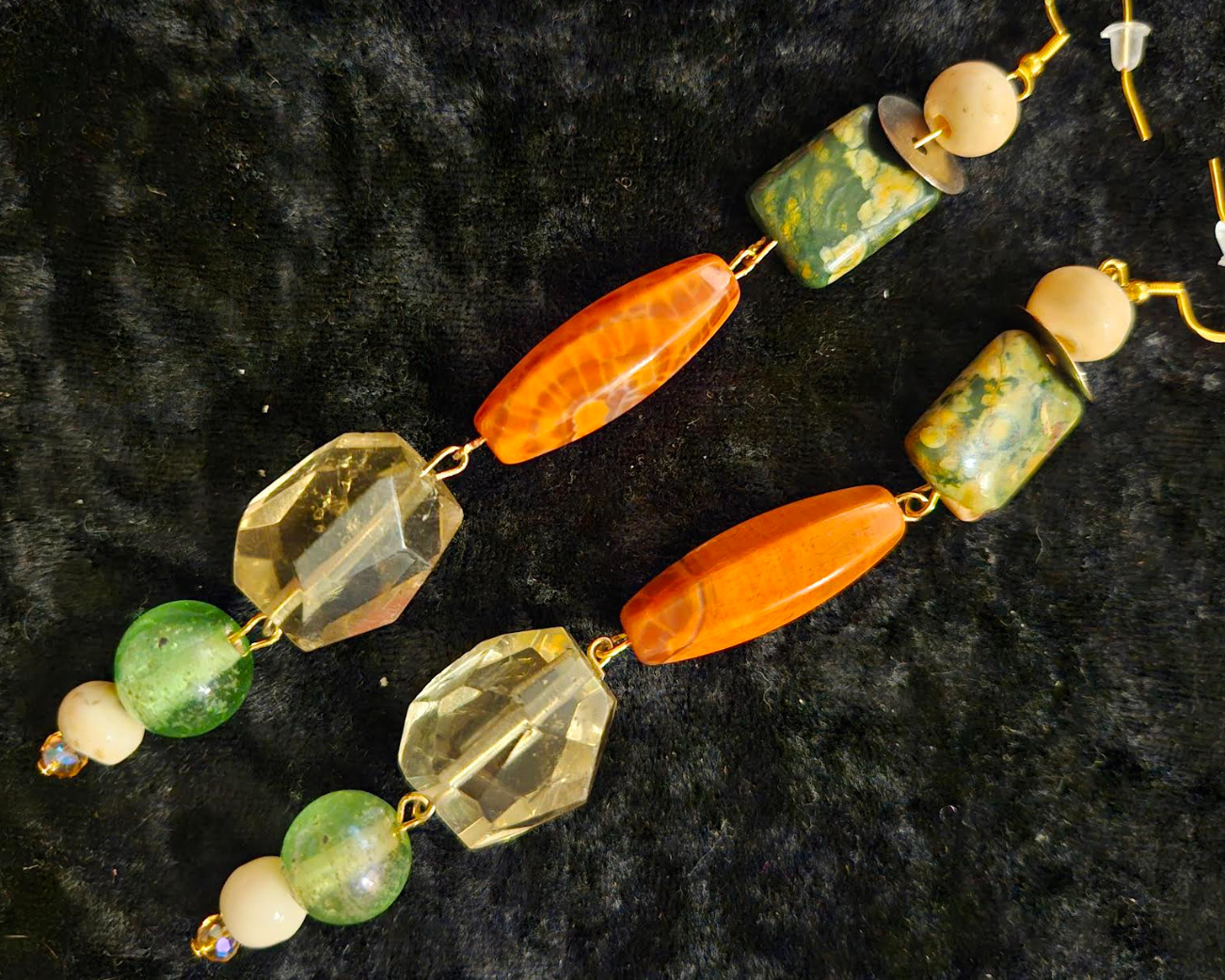 Autumn Gemstone Shoulder Duster Earrings - Long Orange Yellow & Green Pierced Ear Candy - Jewelry for Women of Color - Kat Kouture Jewelry