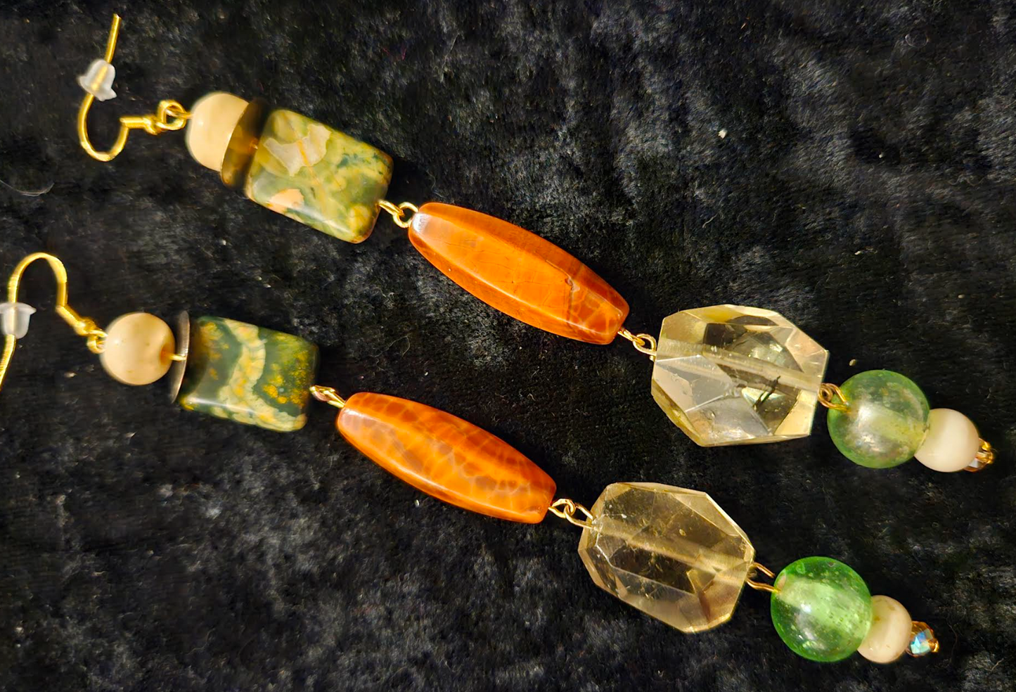 Autumn Gemstone Shoulder Duster Earrings - Long Orange Yellow & Green Pierced Ear Candy - Jewelry for Women of Color - Kat Kouture Jewelry