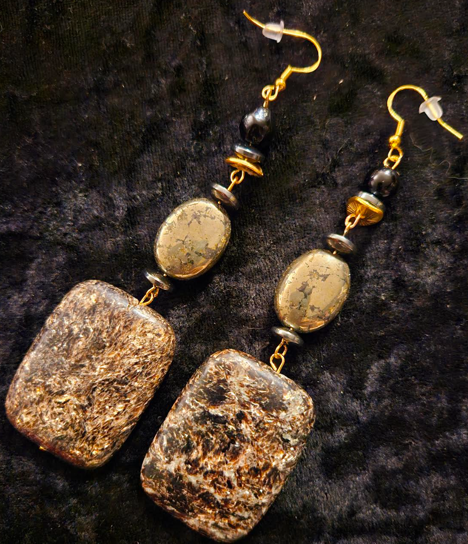 Black Jasper & Pyrite Gemstone Heavy Dangle Shoulder Dusters - Black and Gold Rich Chunky Pierced Earrings - Posh Elegant Ear Candy - Kat Kouture Jewelry