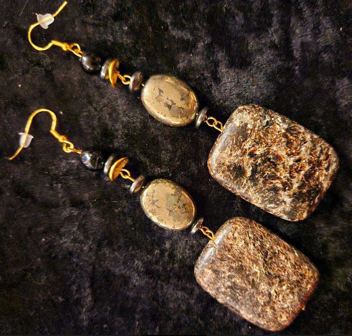 Black Jasper & Pyrite Gemstone Heavy Dangle Shoulder Dusters - Black and Gold Rich Chunky Pierced Earrings - Posh Elegant Ear Candy - Kat Kouture Jewelry