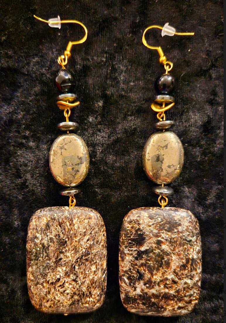 Black Jasper & Pyrite Gemstone Heavy Dangle Shoulder Dusters - Black and Gold Rich Chunky Pierced Earrings - Posh Elegant Ear Candy - Kat Kouture Jewelry