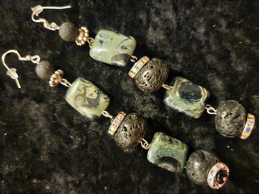 Kambaba Jasper & Rough Lava Shoulder Dusters - Exotic Wild Green Silver and Black Dangle Earrings - OOAK Wearable Art Ear Candy - Kat Kouture Jewelry