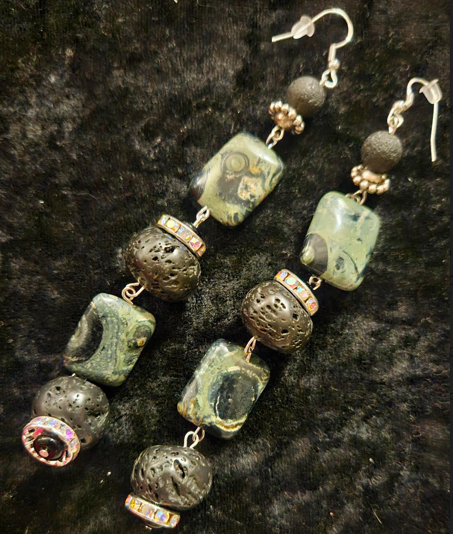 Kambaba Jasper & Rough Lava Shoulder Dusters - Exotic Wild Green Silver and Black Dangle Earrings - OOAK Wearable Art Ear Candy - Kat Kouture Jewelry