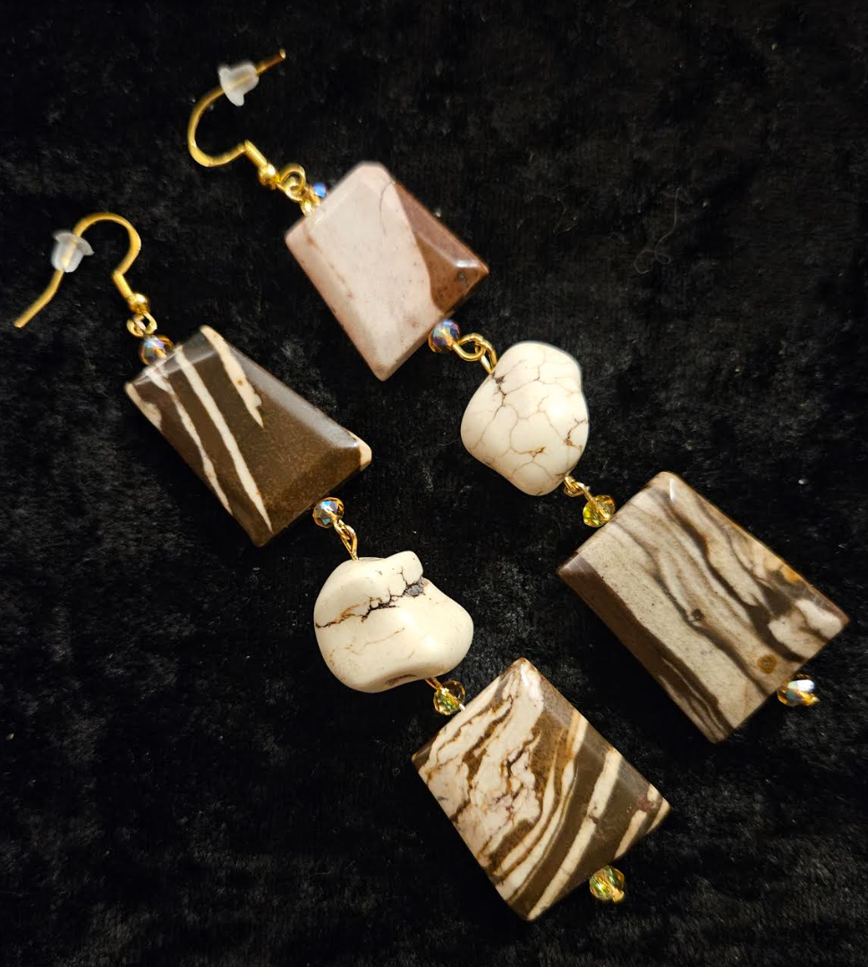 Earth Tone Marble Jasper & Howlite Nugget Dangle Earrings - Exotic African Zebra Print Gemstone Shoulder Dusters - Autumn Wardrobe Ear Candy - Kat Kouture Jewelry