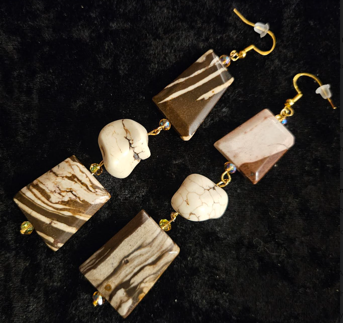 Earth Tone Marble Jasper & Howlite Nugget Dangle Earrings - Exotic African Zebra Print Gemstone Shoulder Dusters - Autumn Wardrobe Ear Candy - Kat Kouture Jewelry