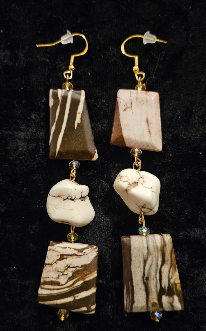 Earth Tone Marble Jasper & Howlite Nugget Dangle Earrings - Exotic African Zebra Print Gemstone Shoulder Dusters - Autumn Wardrobe Ear Candy - Kat Kouture Jewelry