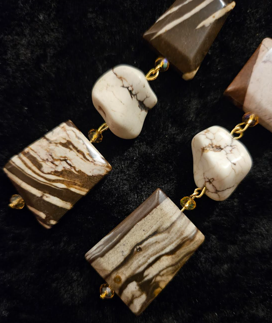 Earth Tone Marble Jasper & Howlite Nugget Dangle Earrings - Exotic African Zebra Print Gemstone Shoulder Dusters - Autumn Wardrobe Ear Candy - Kat Kouture Jewelry