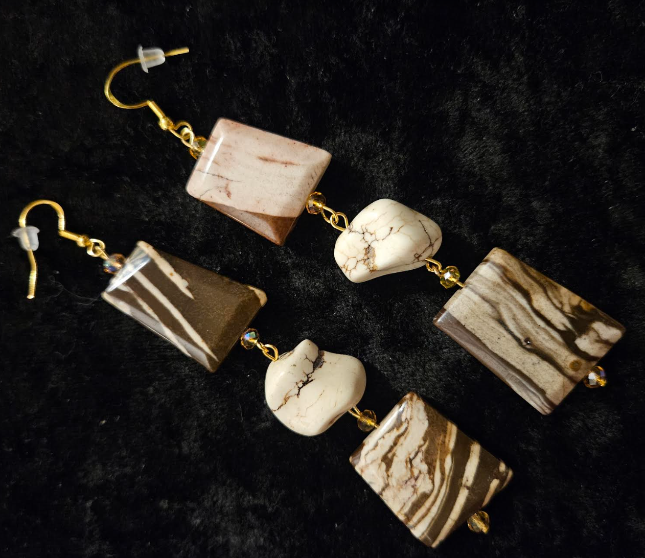 Earth Tone Marble Jasper & Howlite Nugget Dangle Earrings - Exotic African Zebra Print Gemstone Shoulder Dusters - Autumn Wardrobe Ear Candy - Kat Kouture Jewelry