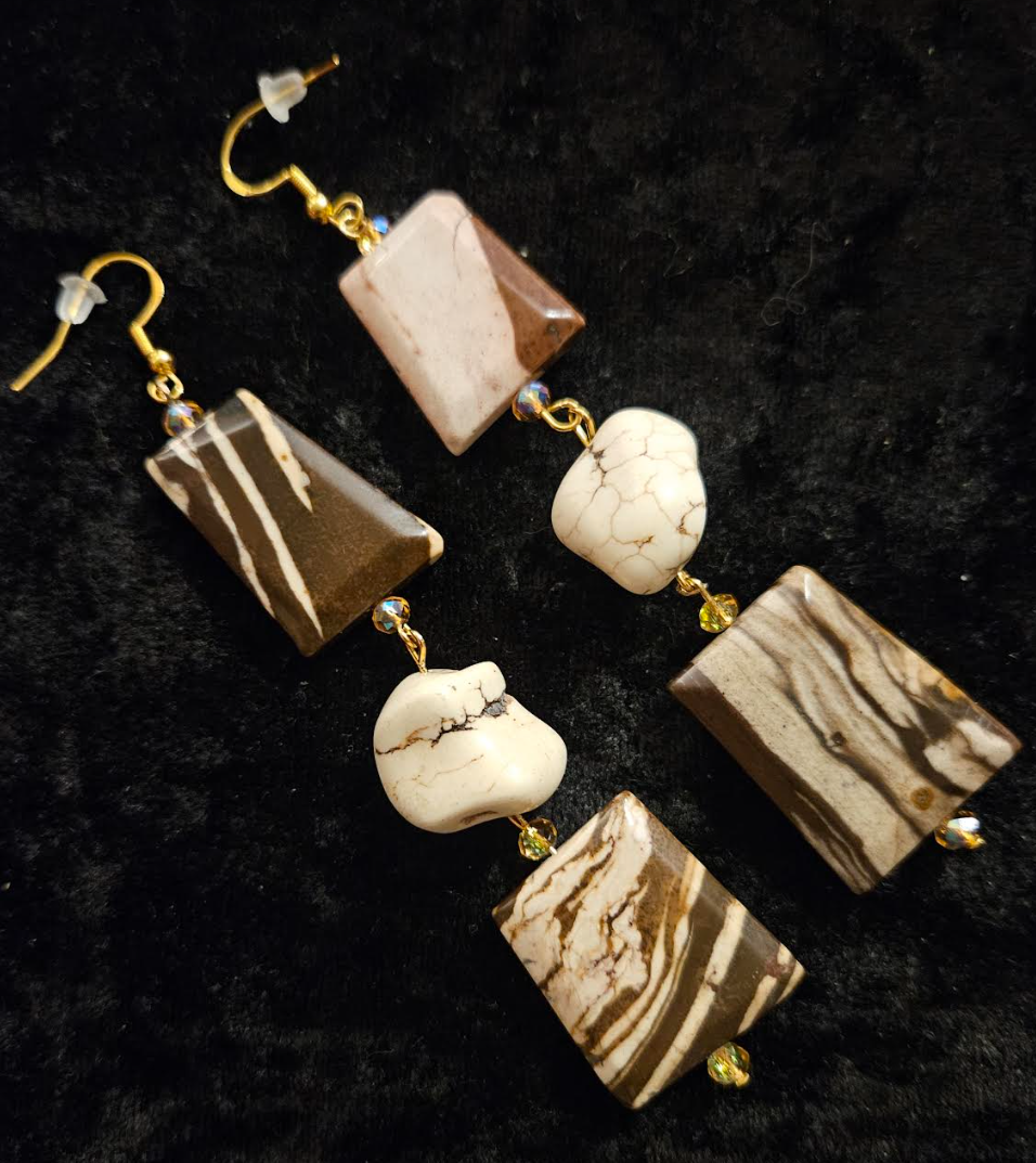 Earth Tone Marble Jasper & Howlite Nugget Dangle Earrings - Exotic African Zebra Print Gemstone Shoulder Dusters - Autumn Wardrobe Ear Candy - Kat Kouture Jewelry