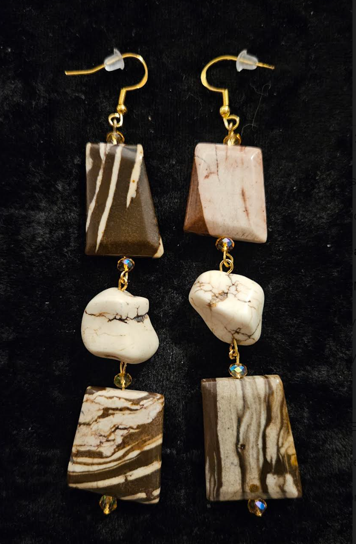 Earth Tone Marble Jasper & Howlite Nugget Dangle Earrings - Exotic African Zebra Print Gemstone Shoulder Dusters - Autumn Wardrobe Ear Candy - Kat Kouture Jewelry