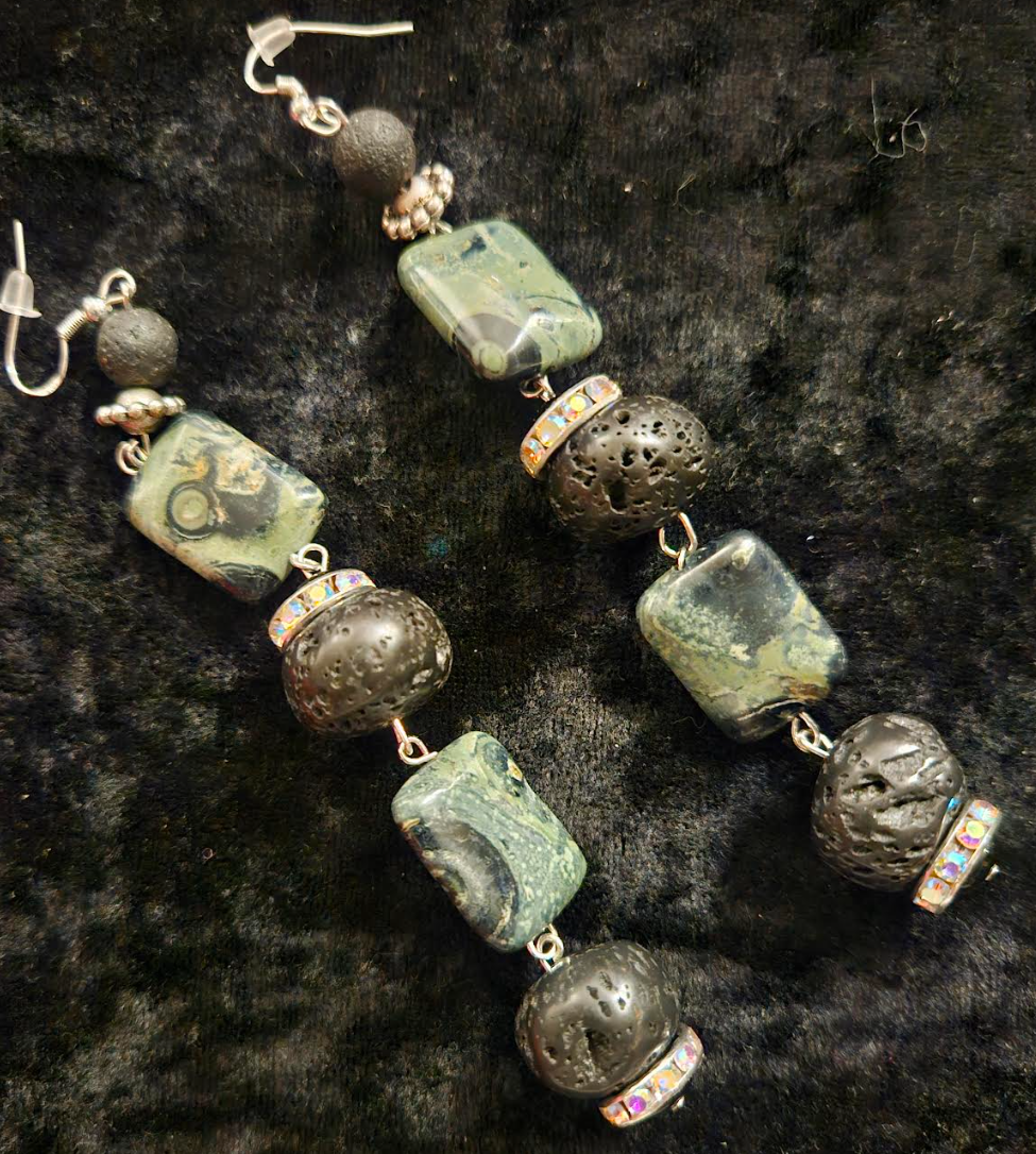 Kambaba Jasper & Rough Lava Shoulder Dusters - Exotic Wild Green Silver and Black Dangle Earrings - OOAK Wearable Art Ear Candy - Kat Kouture Jewelry