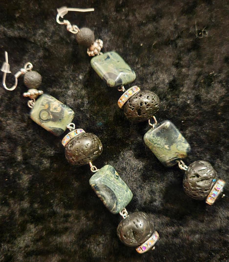 Kambaba Jasper & Rough Lava Shoulder Dusters - Exotic Wild Green Silver and Black Dangle Earrings - OOAK Wearable Art Ear Candy - Kat Kouture Jewelry