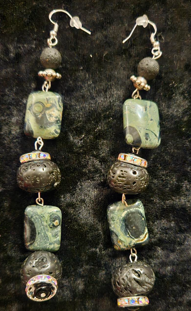 Kambaba Jasper & Rough Lava Shoulder Dusters - Exotic Wild Green Silver and Black Dangle Earrings - OOAK Wearable Art Ear Candy - Kat Kouture Jewelry