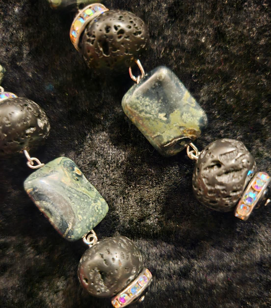 Kambaba Jasper & Rough Lava Shoulder Dusters - Exotic Wild Green Silver and Black Dangle Earrings - OOAK Wearable Art Ear Candy - Kat Kouture Jewelry