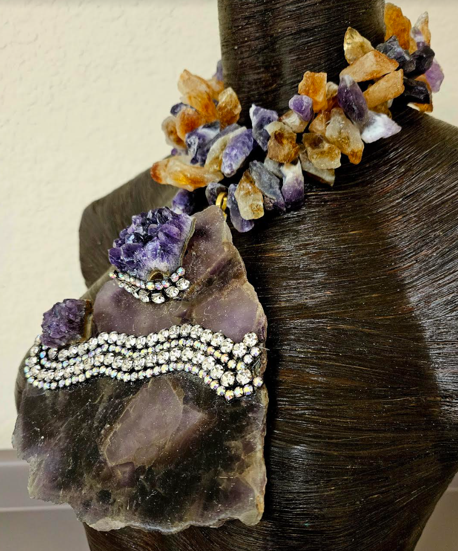 Amethyst & Rhinestone Slab Avant Garde Chest Piece - Raw Rough Amethyst and Citrine Choker - Haute Couture Purple and Gold Crystal Statement Necklace - Kat Kouture Jewelry