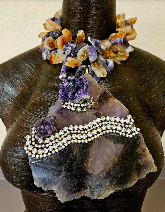 Amethyst & Rhinestone Slab Avant Garde Chest Piece - Raw Rough Amethyst and Citrine Choker - Haute Couture Purple and Gold Crystal Statement Necklace - Kat Kouture Jewelry