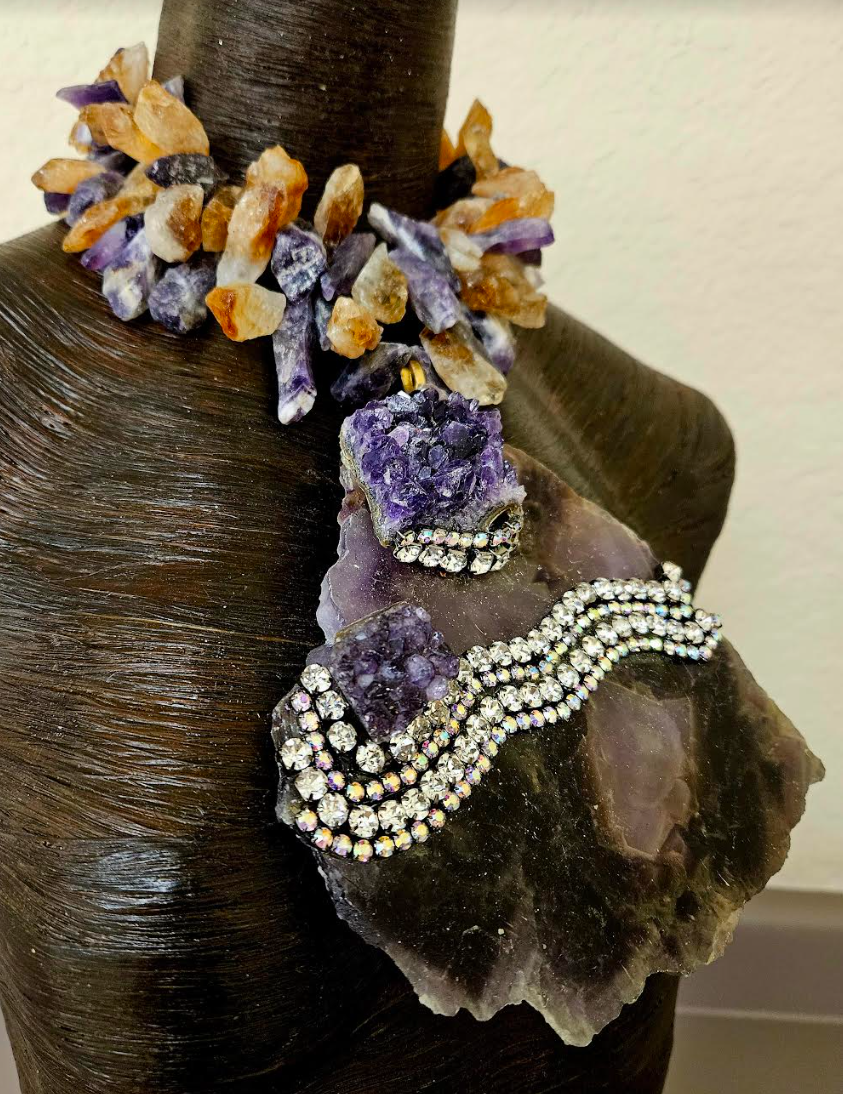 Amethyst & Rhinestone Slab Avant Garde Chest Piece - Raw Rough Amethyst and Citrine Choker - Haute Couture Purple and Gold Crystal Statement Necklace - Kat Kouture Jewelry