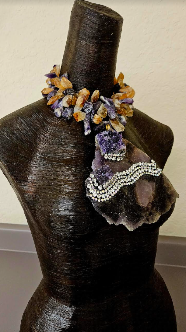 Amethyst & Rhinestone Slab Avant Garde Chest Piece - Raw Rough Amethyst and Citrine Choker - Haute Couture Purple and Gold Crystal Statement Necklace - Kat Kouture Jewelry