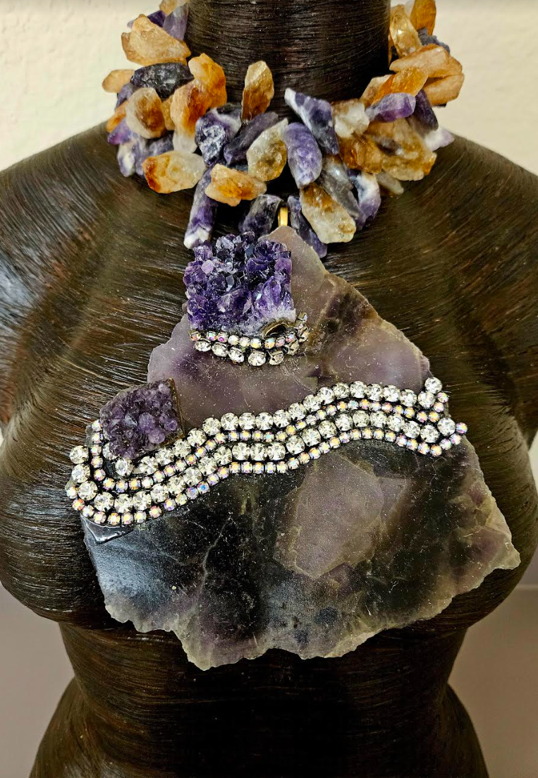 Amethyst & Rhinestone Slab Avant Garde Chest Piece - Raw Rough Amethyst and Citrine Choker - Haute Couture Purple and Gold Crystal Statement Necklace - Kat Kouture Jewelry