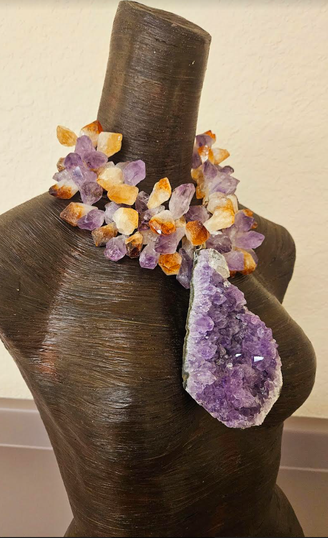 High End Rough Amethyst and Citrine Chest Piece - Purple Crystal Statement Pendant - Haute Couture Gemstone Statement Necklace - Kat Kouture Jewelry