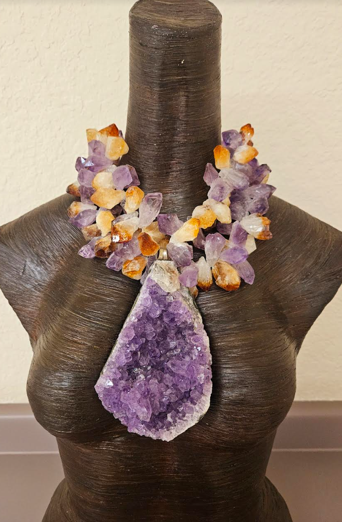 High End Rough Amethyst and Citrine Chest Piece - Purple Crystal Statement Pendant - Haute Couture Gemstone Statement Necklace - Kat Kouture Jewelry