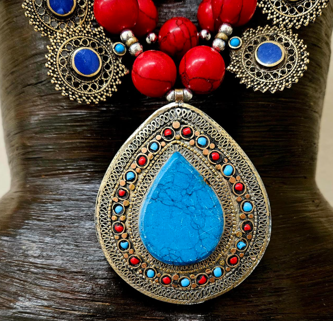 Huge Middle Eastern Magnesite Beaded Tribal Statement Chest Piece - Red Blue and Green Ethnic Statement Necklace with Kuchi Charms - Waziri Kuchi Berber Turkman Yemen Nomadic Belly DancerNecklace - Kat Kouture Jewelry