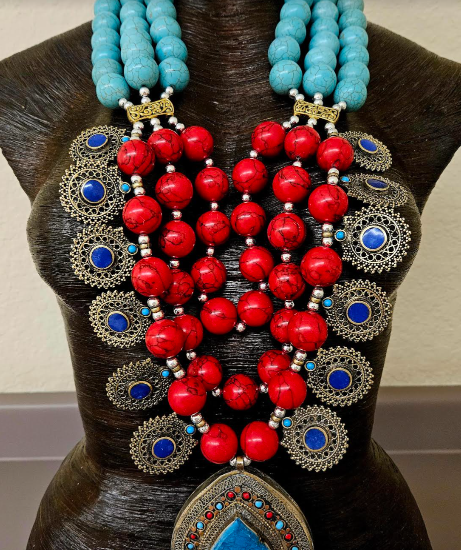 Huge Middle Eastern Magnesite Beaded Tribal Statement Chest Piece - Red Blue and Green Ethnic Statement Necklace with Kuchi Charms - Waziri Kuchi Berber Turkman Yemen Nomadic Belly DancerNecklace - Kat Kouture Jewelry