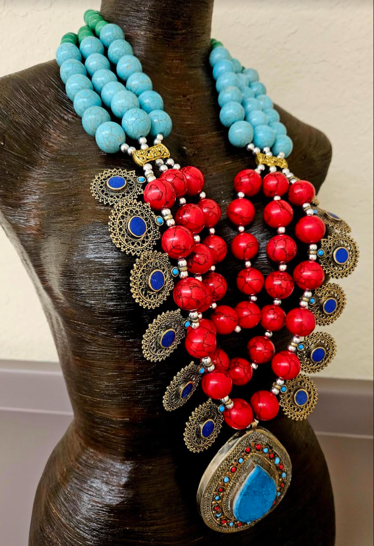 Huge Middle Eastern Magnesite Beaded Tribal Statement Chest Piece - Red Blue and Green Ethnic Statement Necklace with Kuchi Charms - Waziri Kuchi Berber Turkman Yemen Nomadic Belly DancerNecklace - Kat Kouture Jewelry