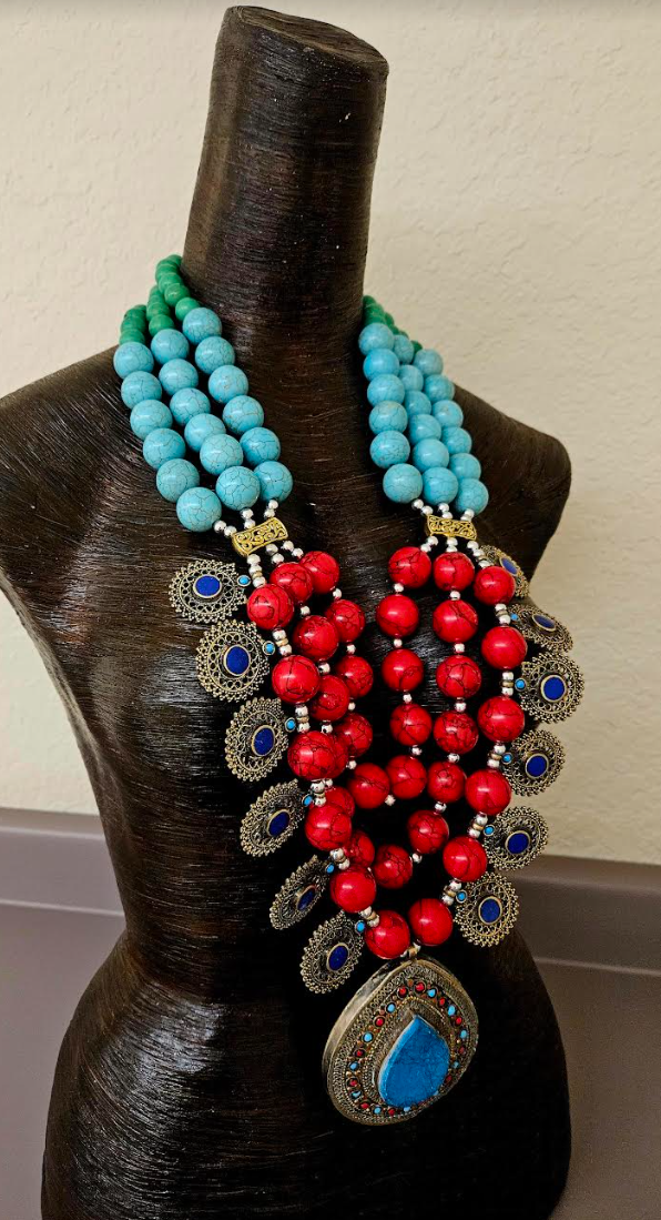 Huge Middle Eastern Magnesite Beaded Tribal Statement Chest Piece - Red Blue and Green Ethnic Statement Necklace with Kuchi Charms - Waziri Kuchi Berber Turkman Yemen Nomadic Belly DancerNecklace - Kat Kouture Jewelry